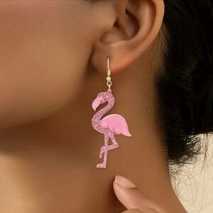 🦩 Pink Sparkly Flamingo Hook Drop Dangle Earrings